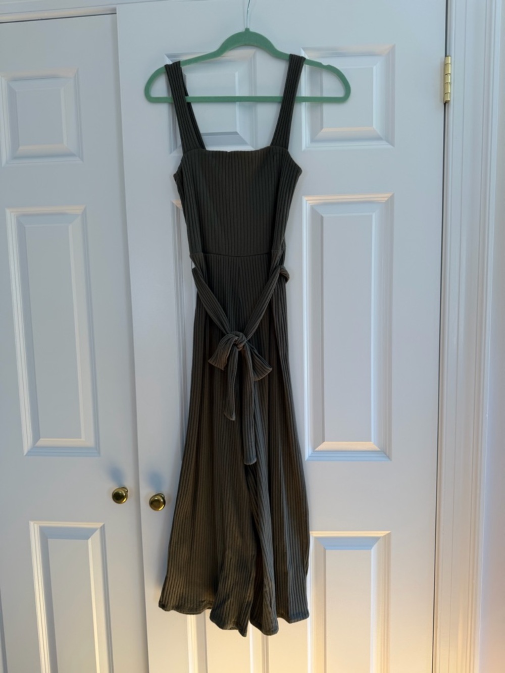 Sleeveless Ribbed Knit Jumpsuit with Waist Tie - Olive